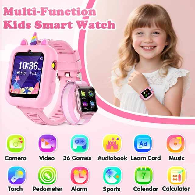 Alt view image 2 of 7 - Smart Watch for Kids Girls Gift Age 3-12 with 39 Games Alarm Clock Camera | Music Player, Pedometer, Flashlight, 12/24 hr, HD Touch Screen Kids Smart Watch, Birthday Toys for Girls Ages 4 5 6 7 8 9 10