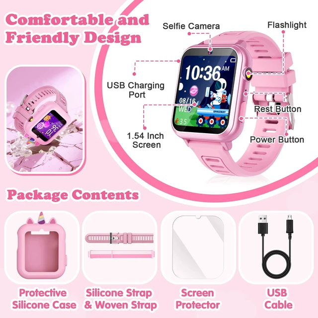 Alt view image 6 of 7 - Smart Watch for Kids Girls Gift Age 3-12 with 39 Games Alarm Clock Camera | Music Player, Pedometer, Flashlight, 12/24 hr, HD Touch Screen Kids Smart Watch, Birthday Toys for Girls Ages 4 5 6 7 8 9 10