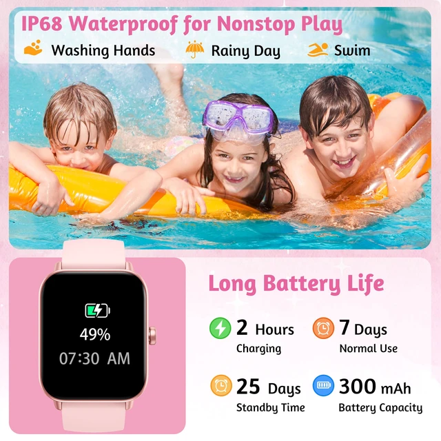 Alt view image 7 of 7 - Kids Smart Watch, Fitness Tracker No Phone Need, IP68 Waterproof Swimming Smartwatch, 1.8'' Fitness Activity Tracker Watch 100 Sports Modes, Alarm, HR & Sleep Monitor Pedometer for 7+ Boys Girls Teens