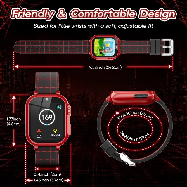 Alt view image 2 of 7 - Kids Smart Watch for Boys Ages 4-12, Camera, 40 Games, Spider Theme | Camera, video, music, pedometer, alarm, flashlight, stopwatch and timer; birthday or Christmas gift for boys ages 4-12