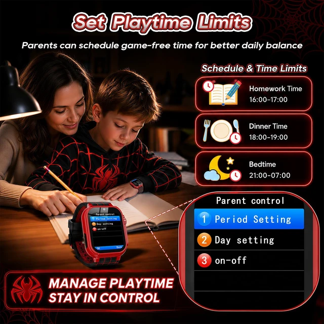 Alt view image 3 of 7 - Kids Smart Watch for Boys Ages 4-12, Camera, 40 Games, Spider Theme | Camera, video, music, pedometer, alarm, flashlight, stopwatch and timer; birthday or Christmas gift for boys ages 4-12