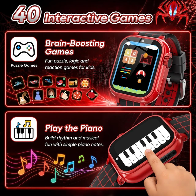 Alt view image 4 of 7 - Kids Smart Watch for Boys Ages 4-12, Camera, 40 Games, Spider Theme | Camera, video, music, pedometer, alarm, flashlight, stopwatch and timer; birthday or Christmas gift for boys ages 4-12