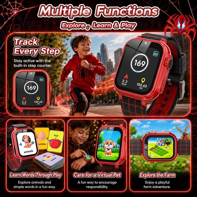 Alt view image 5 of 7 - Kids Smart Watch for Boys Ages 4-12, Camera, 40 Games, Spider Theme | Camera, video, music, pedometer, alarm, flashlight, stopwatch and timer; birthday or Christmas gift for boys ages 4-12