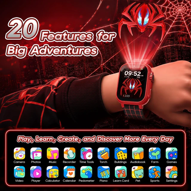 Alt view image 7 of 7 - Kids Smart Watch for Boys Ages 4-12, Camera, 40 Games, Spider Theme | Camera, video, music, pedometer, alarm, flashlight, stopwatch and timer; birthday or Christmas gift for boys ages 4-12