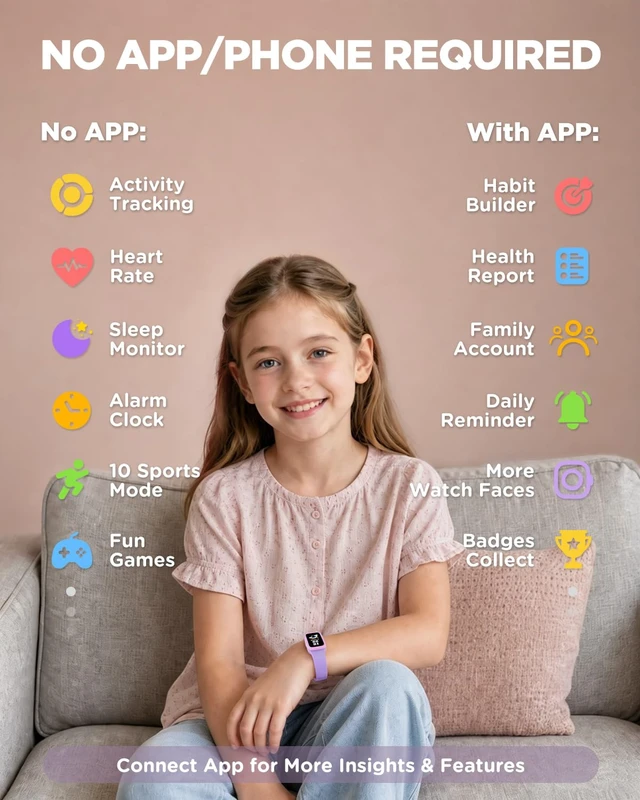 Alt view image 3 of 7 - Vigor Kids Watch Fitness Tracker AMOLED Screen, 3ATM Waterproof | No Phone Needed, Pedometer, Heart Rate, Sleep Monitor, Vibrating Alarm, 10 Sport Modes, E-Pet for Girls Age 5-15, Lilac
