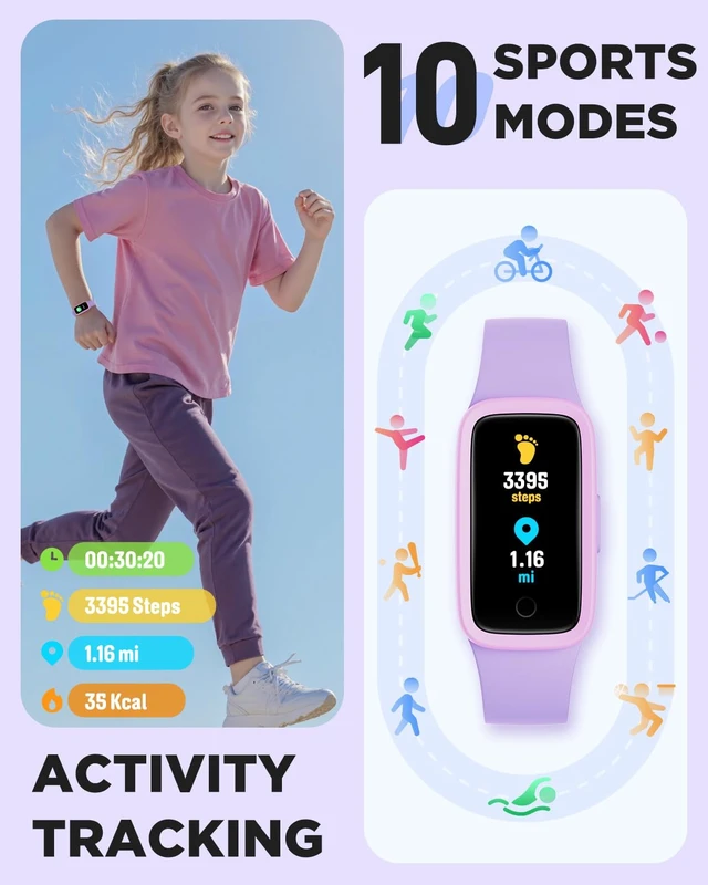 Alt view image 4 of 7 - Vigor Kids Watch Fitness Tracker AMOLED Screen, 3ATM Waterproof | No Phone Needed, Pedometer, Heart Rate, Sleep Monitor, Vibrating Alarm, 10 Sport Modes, E-Pet for Girls Age 5-15, Lilac