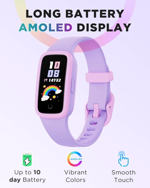 Alt view image 2 of 7 - Vigor Kids Watch Fitness Tracker AMOLED Screen, 3ATM Waterproof | No Phone Needed, Pedometer, Heart Rate, Sleep Monitor, Vibrating Alarm, 10 Sport Modes, E-Pet for Girls Age 5-15, Lilac