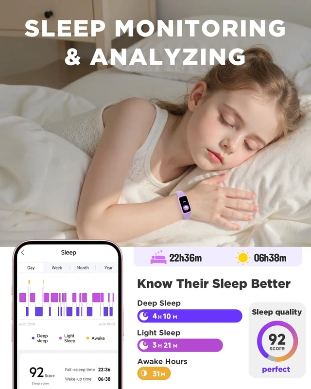 Alt view image 5 of 7 - Vigor Kids Watch Fitness Tracker AMOLED Screen, 3ATM Waterproof | No Phone Needed, Pedometer, Heart Rate, Sleep Monitor, Vibrating Alarm, 10 Sport Modes, E-Pet for Girls Age 5-15, Lilac