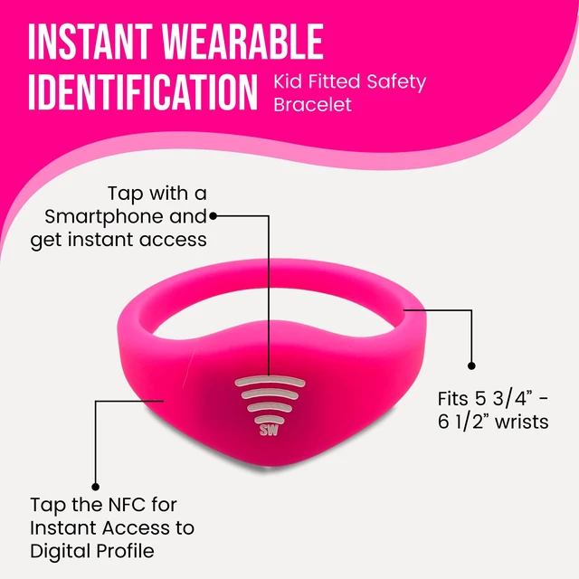 Alt view image 2 of 7 - Kids ID Bracelet, Fitted NFC Safety Wristband, Waterproof Slip-On ID Band | Waterproof silicone; not GPS; wrist or ankle wear; ideal for theme parks, travel & beaches; slip-on fit