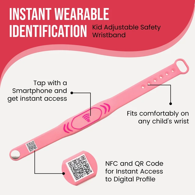 Alt view image 2 of 7 - Adjustable Kids ID Bracelet, NFC Safety Band, Waterproof, No Subscription | Waterproof silicone; not GPS; nonverbal kids medical info; tap-to-scan emergency contact; adjustable band