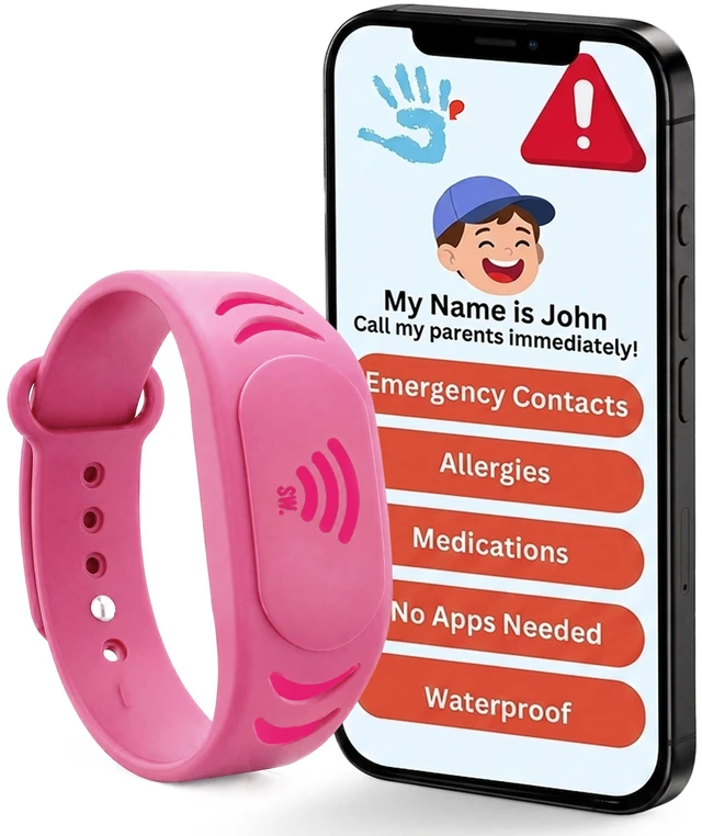 Main image of Adjustable Kids ID Bracelet, NFC Safety Band, Waterproof, No Subscription | Waterproof silicone; not GPS; nonverbal kids medical info; tap-to-scan emergency contact; adjustable band