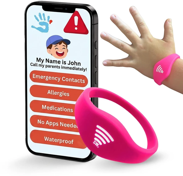 Main image of Kids ID Bracelet, Fitted NFC Safety Wristband, Waterproof Slip-On ID Band | Waterproof silicone; not GPS; wrist or ankle wear; ideal for theme parks, travel & beaches; slip-on fit