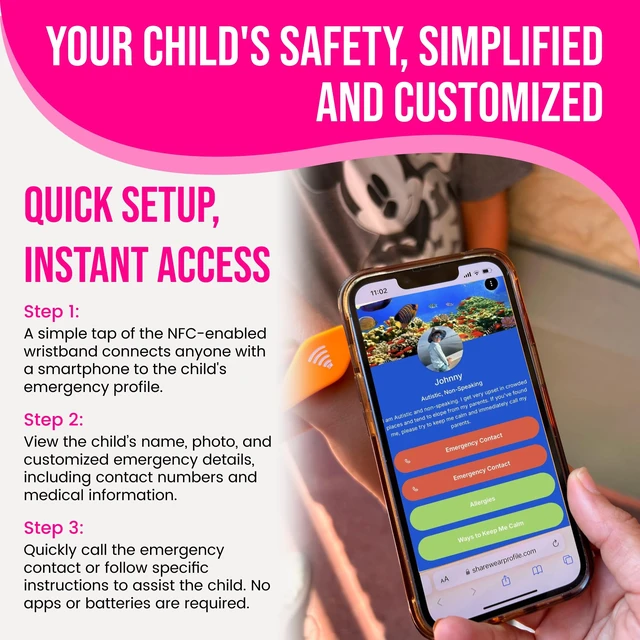 Alt view image 3 of 7 - Kids ID Bracelet, Fitted NFC Safety Wristband, Waterproof Slip-On ID Band | Waterproof silicone; not GPS; wrist or ankle wear; ideal for theme parks, travel & beaches; slip-on fit