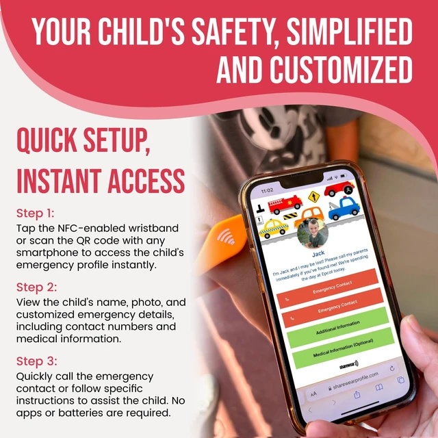 Alt view image 3 of 7 - Adjustable Kids ID Bracelet, NFC Safety Band, Waterproof, No Subscription | Waterproof silicone; not GPS; nonverbal kids medical info; tap-to-scan emergency contact; adjustable band