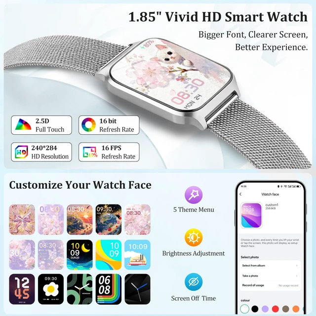 Alt view image 2 of 7 - Smart Watch Women Men, 1.85" Reloj Inteligente para mujer hombre, Make/ Answer Call, Health Monitor/Blood Pressure, 110+ Sports Modes, Voice Control, IP68 Waterproof Compatible with Android & iPhone