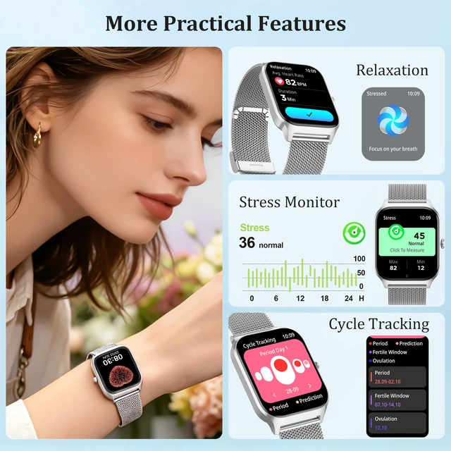 Alt view image 5 of 7 - Smart Watch Women Men, 1.85" Reloj Inteligente para mujer hombre, Make/ Answer Call, Health Monitor/Blood Pressure, 110+ Sports Modes, Voice Control, IP68 Waterproof Compatible with Android & iPhone