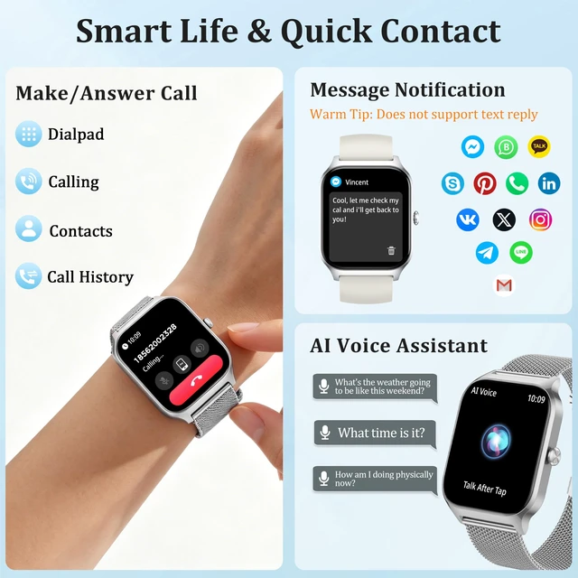 Alt view image 4 of 7 - Smart Watch Women Men, 1.85" Reloj Inteligente para mujer hombre, Make/ Answer Call, Health Monitor/Blood Pressure, 110+ Sports Modes, Voice Control, IP68 Waterproof Compatible with Android & iPhone