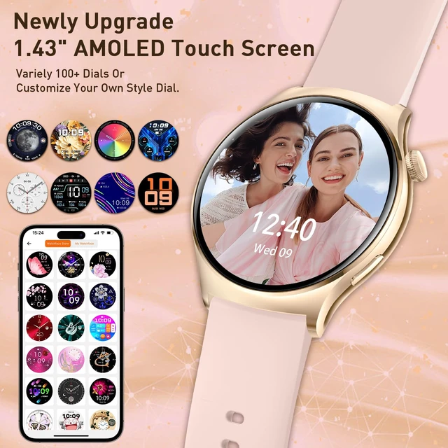 Alt view image 2 of 7 - Smart Watch for Women (Answer/Make Calls) 1.43" HD AMOLED Fitness Tracker Smartwatch for Android & iPhone Phones with Bluetooth Call/Heart Rate Sleep Monitor/120+ Sports Modes/IP68 Waterproof, Pink