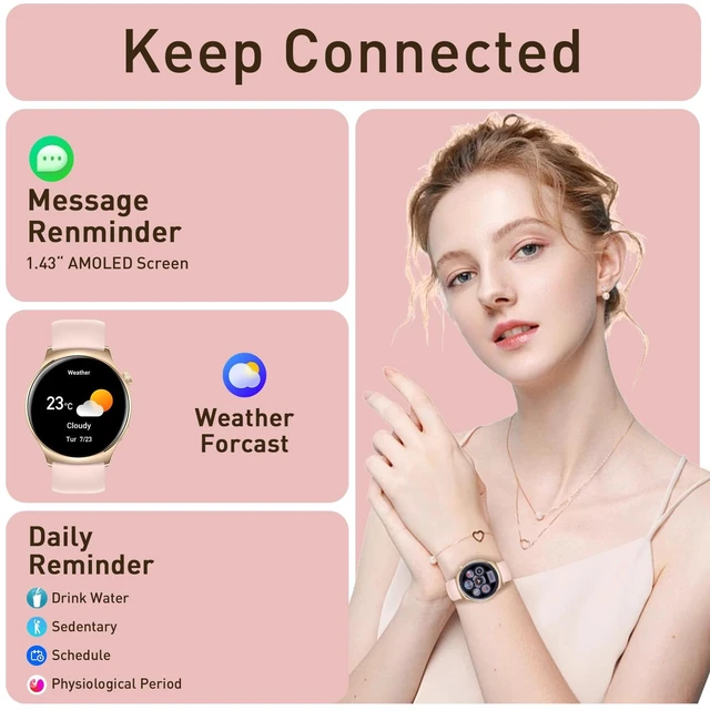 Alt view image 6 of 7 - Smart Watch for Women (Answer/Make Calls) 1.43" HD AMOLED Fitness Tracker Smartwatch for Android & iPhone Phones with Bluetooth Call/Heart Rate Sleep Monitor/120+ Sports Modes/IP68 Waterproof, Pink