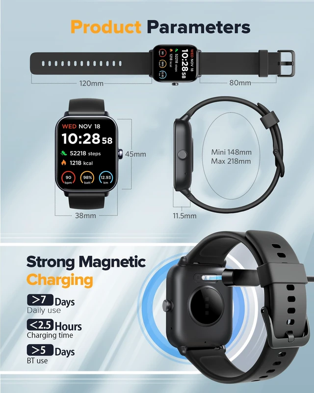 Alt view image 6 of 7 - Smart Watch for Women Men, Fitness Tracker iOS Android, Galaxy Black 1.85" HD Smartwatch, Calling, 2 Bands (Silicone+Woven), Alexa, Heart Rate/Sleep Monitor, Waterproof, Gift for Men and Women