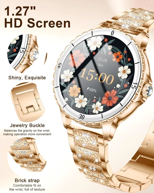 Alt view image 3 of 7 - Smart Watches for Women(Answer/Make Call) with Diamond, 1.27" HD Bluetooth Smartwatch for Android iOS Phones, IP68 Fitness Tracker with Heart Rate SpO2 Sleep Monitor, 120+ Sport, Rosegold
