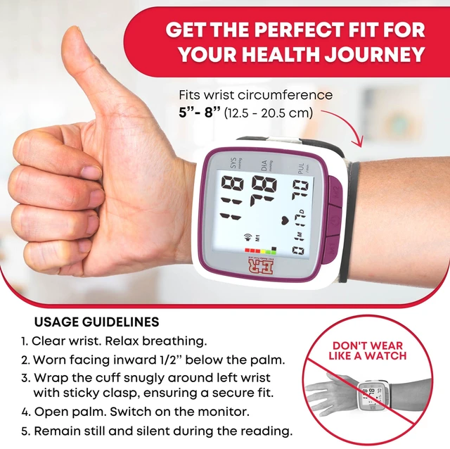 Alt view image 5 of 7 - Fully Automatic Blood Pressure Wrist Cuff Watch Wearable Monitor for Home Use - Purple - Batteries Included