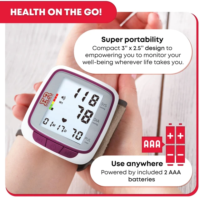 Alt view image 6 of 7 - Fully Automatic Blood Pressure Wrist Cuff Watch Wearable Monitor for Home Use - Purple - Batteries Included