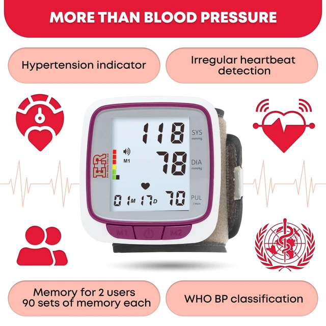 Alt view image 3 of 7 - Fully Automatic Blood Pressure Wrist Cuff Watch Wearable Monitor for Home Use - Purple - Batteries Included