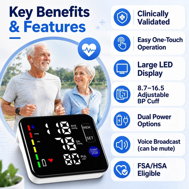 Alt view image 2 of 7 - Blood Pressure Monitor Rechargeable Upper Arm, Large Screen, Black | Clinically Accurate, Adjustable 8.7"-16.5" BP Cuff, 2x120 Memory, Voice Guidance, Irregular Heartbeat Alert, Easy for Seniors