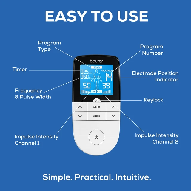 Alt view image 4 of 7 - EM49 Digital TENS & EMS Device for Pain Relief and Muscle Stimulation, 15 TENS Programs, 35 EMS Programs, 2 Adjustable Channels with 4 Self-Adhesive Electrodes