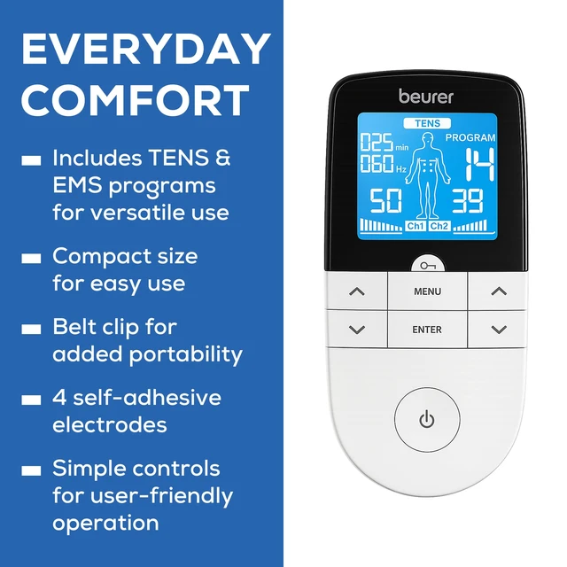 Alt view image 7 of 7 - EM49 Digital TENS & EMS Device for Pain Relief and Muscle Stimulation, 15 TENS Programs, 35 EMS Programs, 2 Adjustable Channels with 4 Self-Adhesive Electrodes