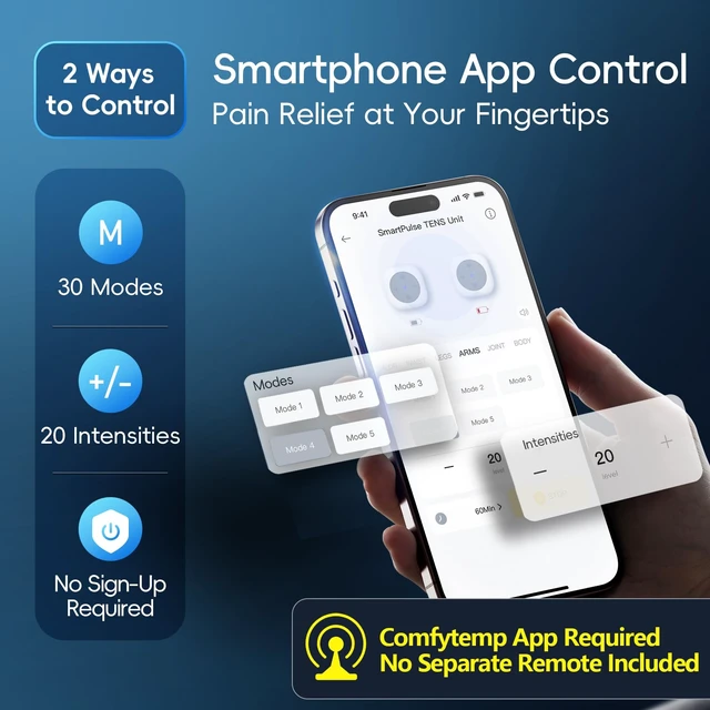Alt view image 2 of 7 - 30 Modes Wireless TENS Unit Muscle Stimulator for Pain Relief | Dual Control, App & On-Device Buttons, TENS Machine, FSA Portable TENS Device, Back/Shoulder/Neck, HSA, Gift for Women & Men
