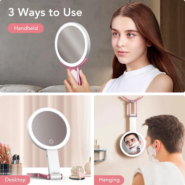 Alt view image 6 of 7 - Travel Makeup Mirror with Lights, Rechargeable Double-Sided 10X/1X Magnifying Mirror, Portable Lighted Beauty Mirror, 3 Color Lighting, Dimmable Touch Screen, Tabletop Handhold Hanging (White)