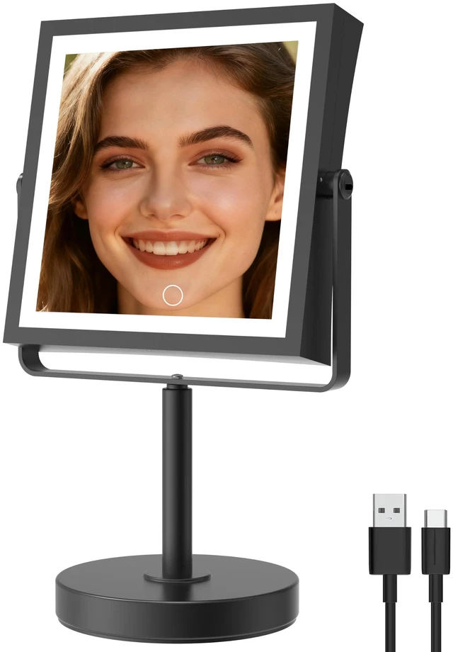 Main image of 1X/10X Makeup Mirror with Lights, Double Sided, Matte Black | 8",Rechargeable 4000mAh,Magnification,3 Color Lights,Height & Brightness Adjustable,Square Design,Round Base,Gift for Women