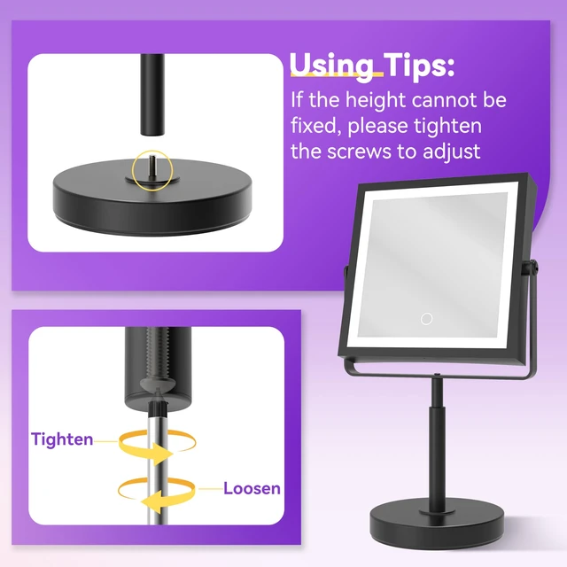 Alt view image 4 of 7 - 1X/10X Makeup Mirror with Lights, Double Sided, Matte Black | 8",Rechargeable 4000mAh,Magnification,3 Color Lights,Height & Brightness Adjustable,Square Design,Round Base,Gift for Women