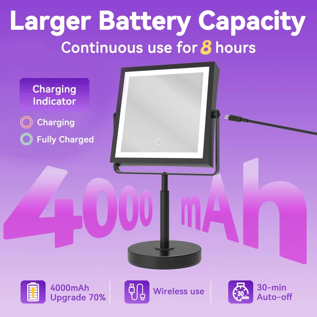 Alt view image 3 of 7 - 1X/10X Makeup Mirror with Lights, Double Sided, Matte Black | 8",Rechargeable 4000mAh,Magnification,3 Color Lights,Height & Brightness Adjustable,Square Design,Round Base,Gift for Women