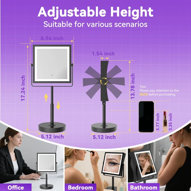 Alt view image 2 of 7 - 1X/10X Makeup Mirror with Lights, Double Sided, Matte Black | 8",Rechargeable 4000mAh,Magnification,3 Color Lights,Height & Brightness Adjustable,Square Design,Round Base,Gift for Women
