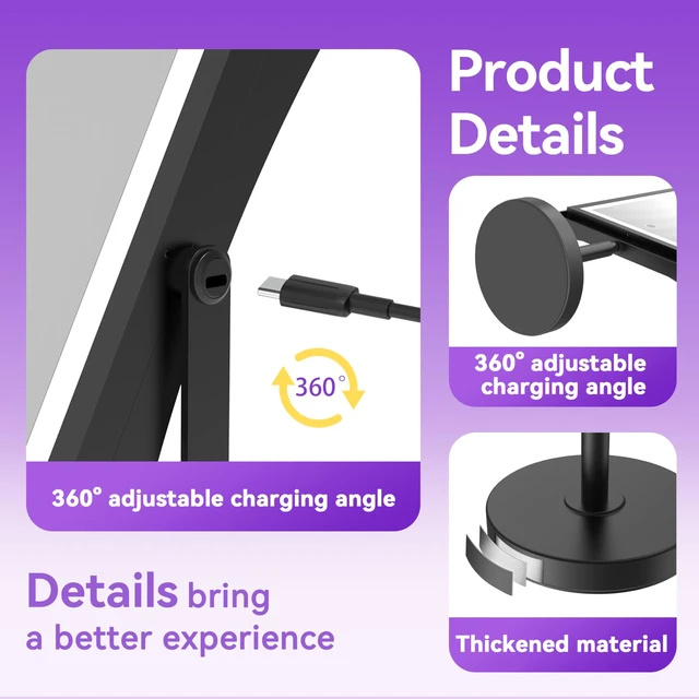 Alt view image 7 of 7 - 1X/10X Makeup Mirror with Lights, Double Sided, Matte Black | 8",Rechargeable 4000mAh,Magnification,3 Color Lights,Height & Brightness Adjustable,Square Design,Round Base,Gift for Women