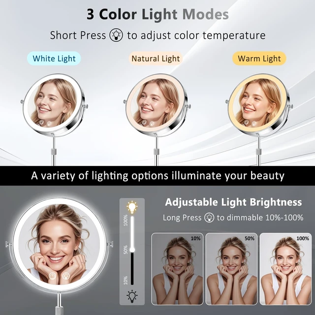 Alt view image 2 of 7 - 8" Makeup Mirror with Lights,4000mAh Rechargeable Vanity Mirror,1X/10X Double Sided Magnifying Mirror with Adjustable Height, 3 Colors Stepless Dimming Lighted Makeup Mirror,Women Gift