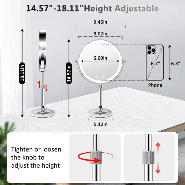Alt view image 5 of 7 - 8" Makeup Mirror with Lights,4000mAh Rechargeable Vanity Mirror,1X/10X Double Sided Magnifying Mirror with Adjustable Height, 3 Colors Stepless Dimming Lighted Makeup Mirror,Women Gift