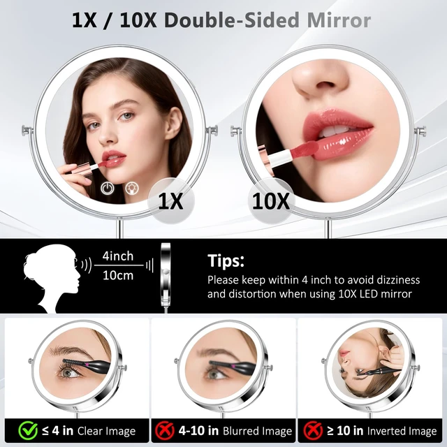 Alt view image 3 of 7 - 8" Makeup Mirror with Lights,4000mAh Rechargeable Vanity Mirror,1X/10X Double Sided Magnifying Mirror with Adjustable Height, 3 Colors Stepless Dimming Lighted Makeup Mirror,Women Gift