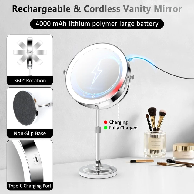 Alt view image 7 of 7 - 8" Makeup Mirror with Lights,4000mAh Rechargeable Vanity Mirror,1X/10X Double Sided Magnifying Mirror with Adjustable Height, 3 Colors Stepless Dimming Lighted Makeup Mirror,Women Gift