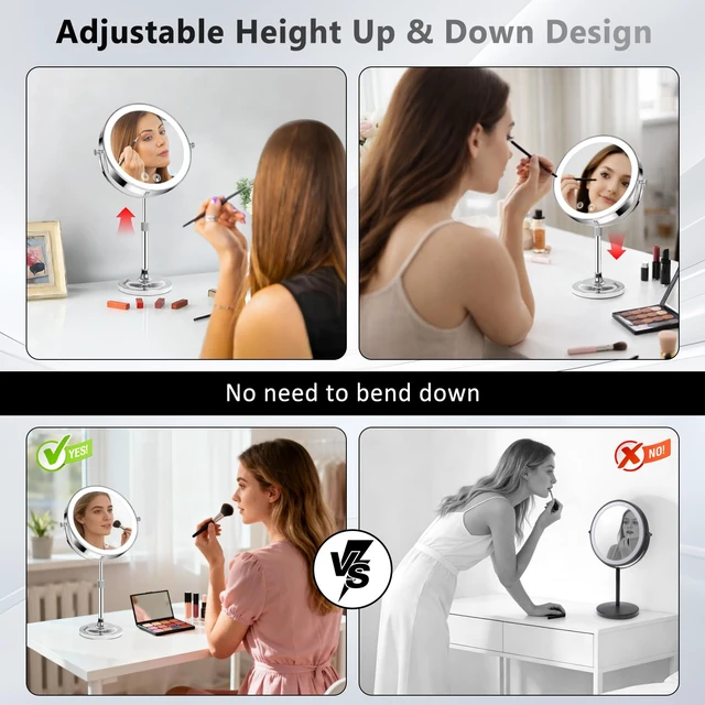 Alt view image 6 of 7 - 8" Makeup Mirror with Lights,4000mAh Rechargeable Vanity Mirror,1X/10X Double Sided Magnifying Mirror with Adjustable Height, 3 Colors Stepless Dimming Lighted Makeup Mirror,Women Gift