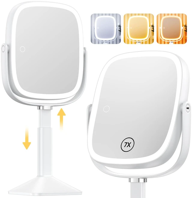 Main image of Rectangle Lighted Makeup Mirror with Lights 1X/7X Magnifying Mirror | Height Adjustable, 4000mAh Rechargeable for Bedroom, 8.5x7.4 Large Surface, Stepless Dimming - White