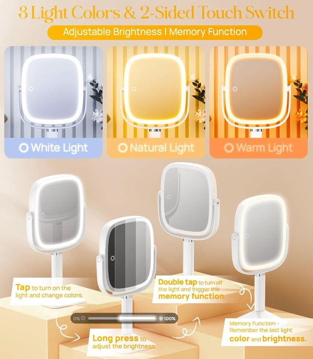 Alt view image 4 of 7 - Rectangle Lighted Makeup Mirror with Lights 1X/7X Magnifying Mirror | Height Adjustable, 4000mAh Rechargeable for Bedroom, 8.5x7.4 Large Surface, Stepless Dimming - White