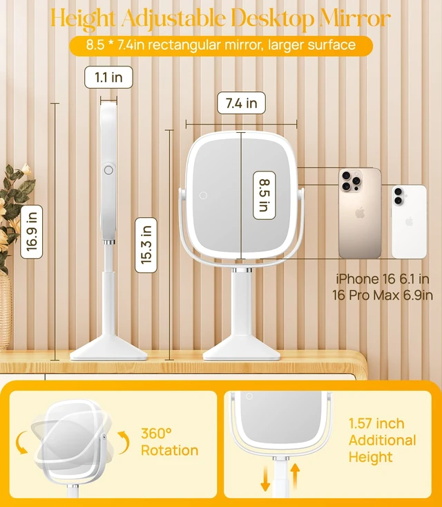 Alt view image 2 of 7 - Rectangle Lighted Makeup Mirror with Lights 1X/7X Magnifying Mirror | Height Adjustable, 4000mAh Rechargeable for Bedroom, 8.5x7.4 Large Surface, Stepless Dimming - White