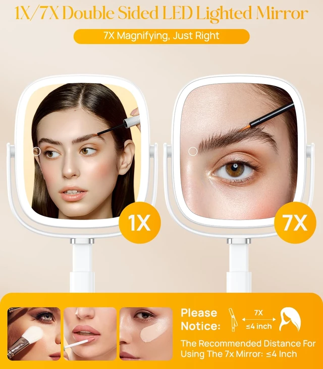 Alt view image 6 of 7 - Rectangle Lighted Makeup Mirror with Lights 1X/7X Magnifying Mirror | Height Adjustable, 4000mAh Rechargeable for Bedroom, 8.5x7.4 Large Surface, Stepless Dimming - White