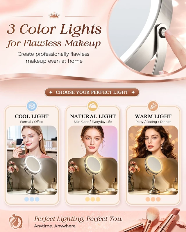Alt view image 2 of 7 - Makeup Mirror with Lights, 1X/30X Double Side Lighted Magnifying Mirror | 8'', 5000mAh Rechargeable Adjustable Brightness with 3 Colors, Side Touch & Side Charging with Adapter, Brushed Nickel