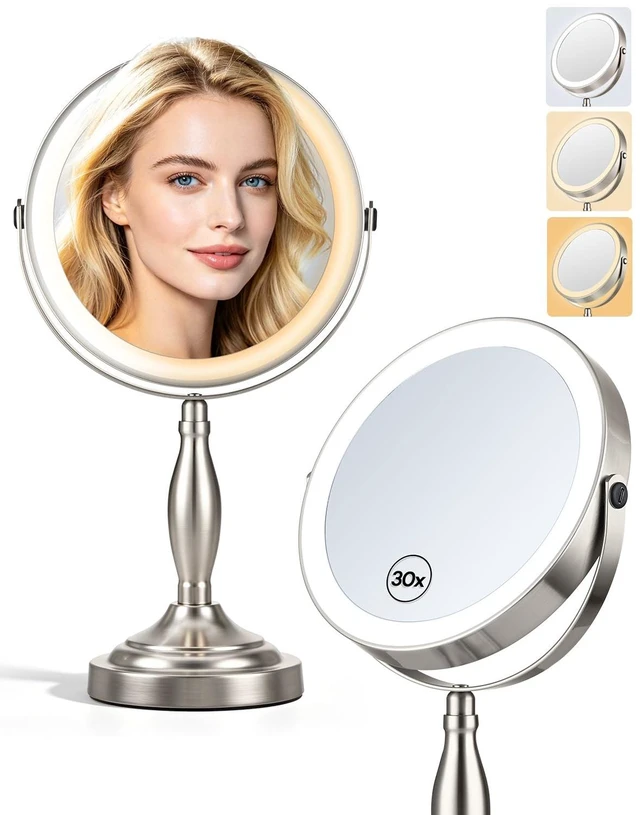 Main image of Makeup Mirror with Lights, 1X/30X Double Side Lighted Magnifying Mirror | 8'', 5000mAh Rechargeable Adjustable Brightness with 3 Colors, Side Touch & Side Charging with Adapter, Brushed Nickel