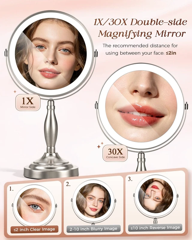 Alt view image 4 of 7 - Makeup Mirror with Lights, 1X/30X Double Side Lighted Magnifying Mirror | 8'', 5000mAh Rechargeable Adjustable Brightness with 3 Colors, Side Touch & Side Charging with Adapter, Brushed Nickel